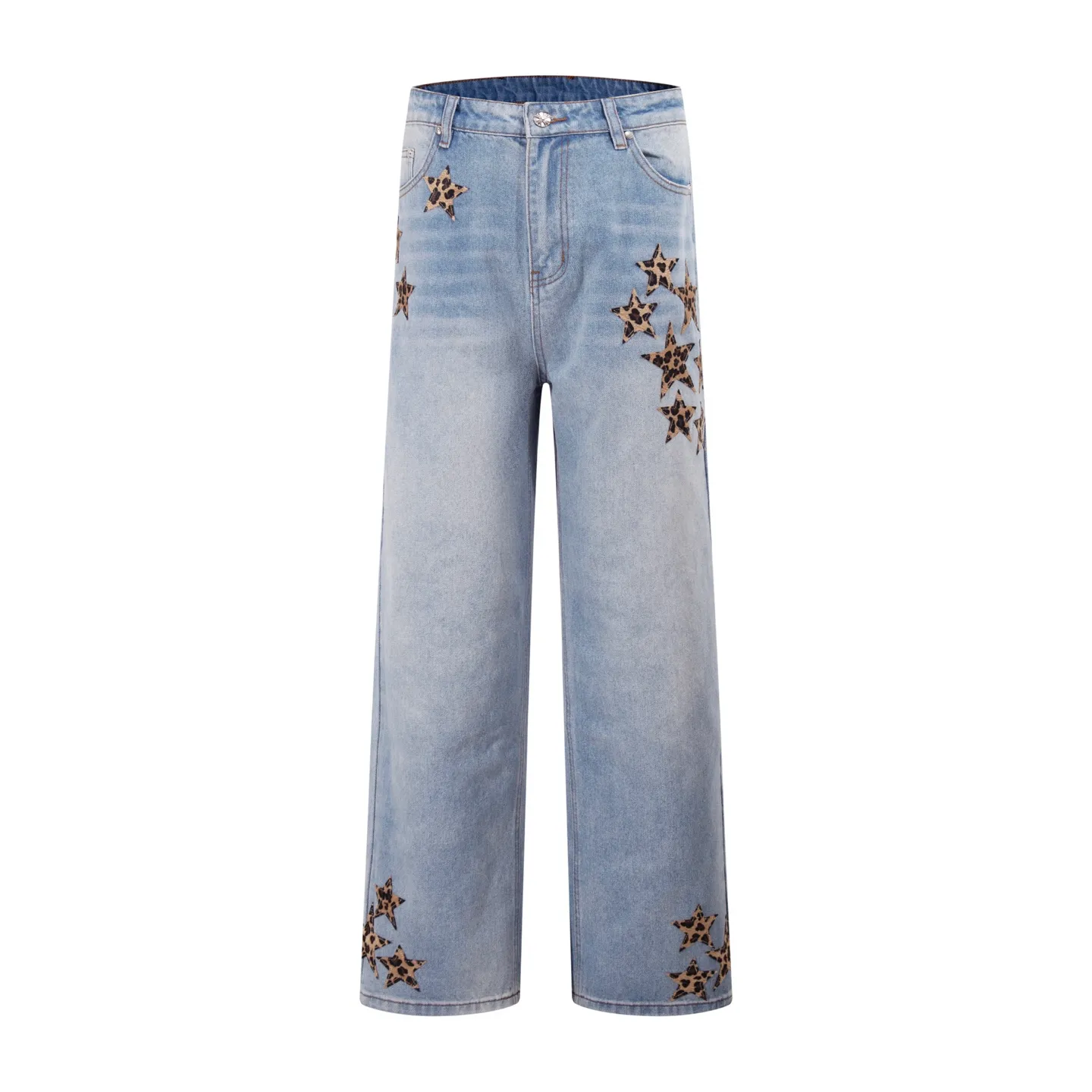 P250 Style number: H42 Croxin & 𝐂𝐡𝐫𝐨𝐦𝐞 𝐇𝐞𝐚𝐫𝐭 ss25 blue star leopard print leather denim workwear logging pants. Styles with different washed textures are very friendly to people with thin legs. The slightly flared version perfectly modifies the leg shape. The timeless and moderate length makes it easy to match and match. It is the basis for various styles and is a must-have in your wardrobe! The fabric is stiff but also makes the upper body soft without losing texture. The washing process is even more perfect. It is a must-have item for everyone! ! ! Washed wheat, hang tag, pants label, three labels complete Color: blue Size: 30-32-34-36